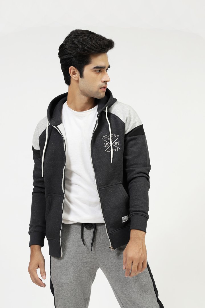 Charcoal Zipped Hoodie With Shoulder Patch